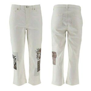 DG2 Diane Gilman Stretch Embroidered White Denim Cropped Jean Hi Rise